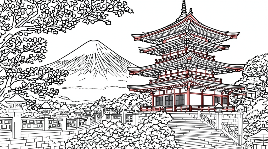 富士山と忠霊塔の精密な線画 マインドフルネスな大人の塗り絵に最適