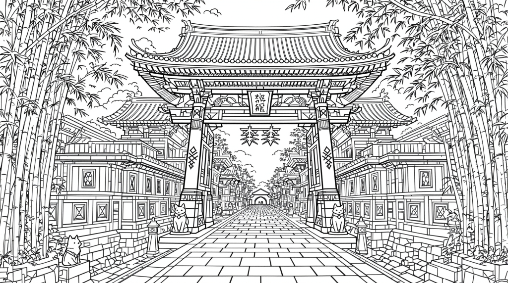 伏見稲荷大社の精巧な大人の塗り絵 - 伝統的な鳥居と日本建築の細密デザイン