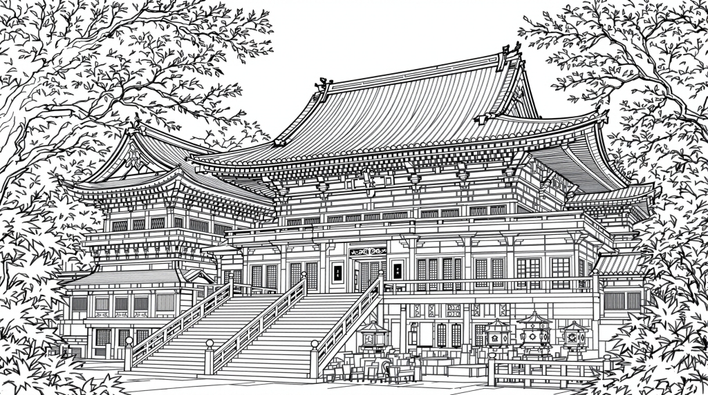 長谷寺の荘厳な伽藍を描いた精密な線画 - 日本の伝統建築を楽しむ大人の塗り絵