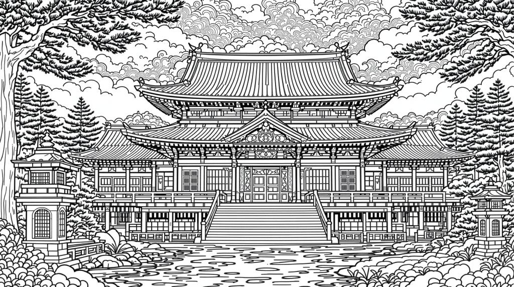 平等院鳳凰堂の精密な塗り絵 - 日本建築と庭園の美しいディテールを楽しむ大人の塗り絵