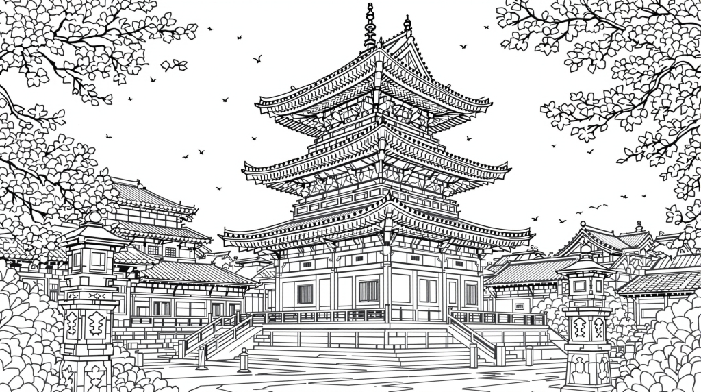 八坂の塔の精密な塗り絵 - 五重塔と日本庭園をモチーフにした大人向けコロリアージュ