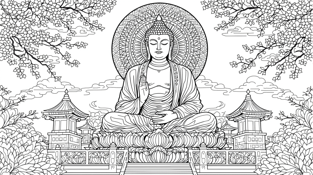 精緻な蓮の花模様と優美な衣装が美しい大仏の塗り絵 - マインドフルネスに最適な大人の塗り絵