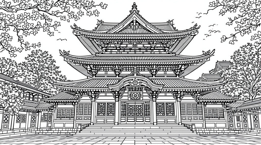 浅草寺の精密な塗り絵 - 日本の伝統建築と仏教デザインを楽しむ大人のぬりえページ