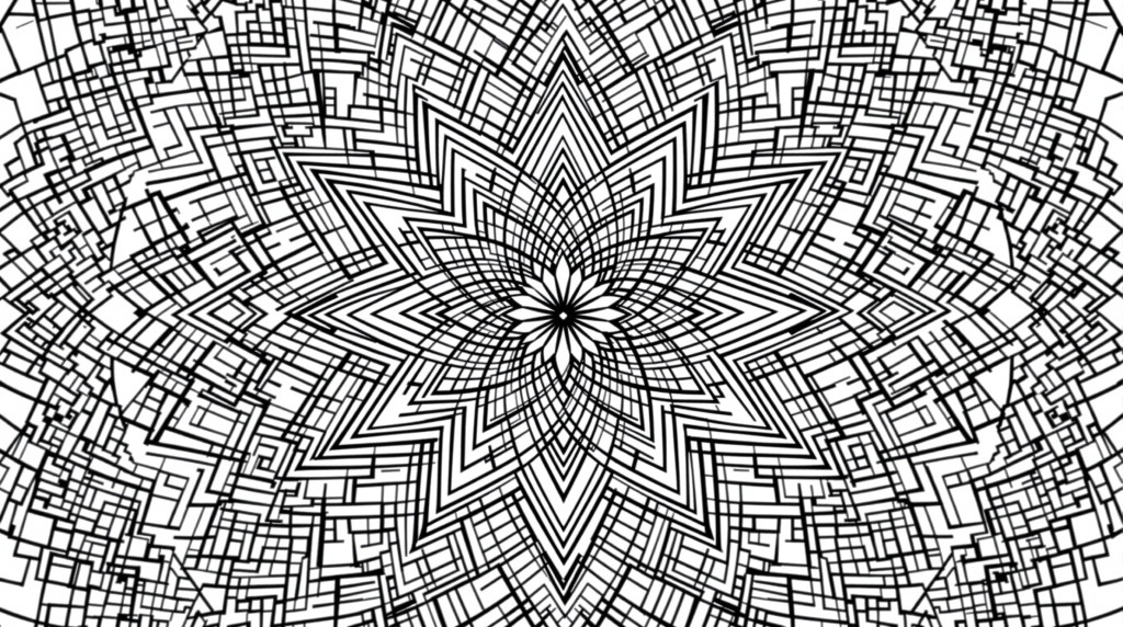 幾何学模様と対称的なダイヤモンド形が美しいクリスタルマンダラ塗り絵