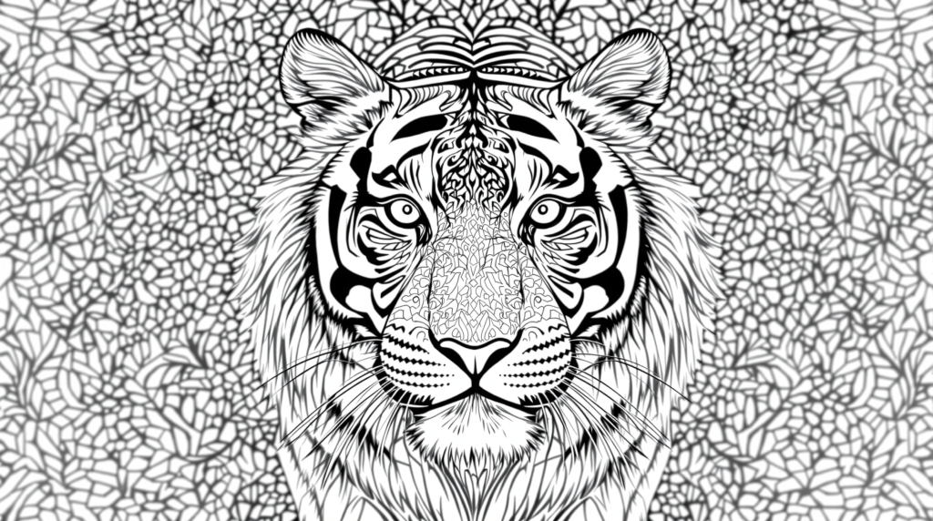 シベリアトラの塗り絵 - 緻密な毛並みと装飾模様が美しい大人向けコロリアージュ