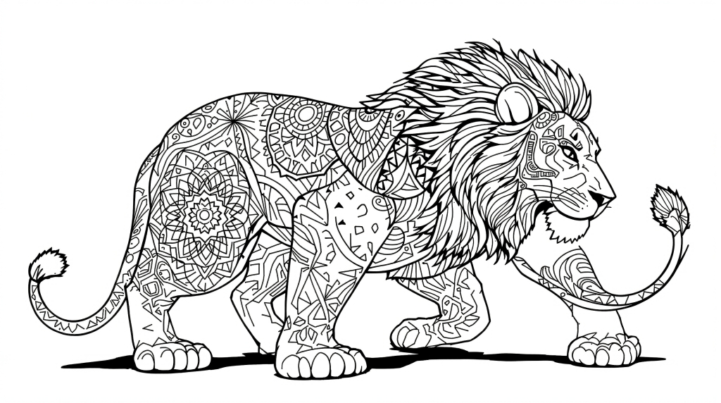 アフリカの雌ライオンの塗り絵 - トライバル模様とマンダラデザインの大人向け精密塗り絵