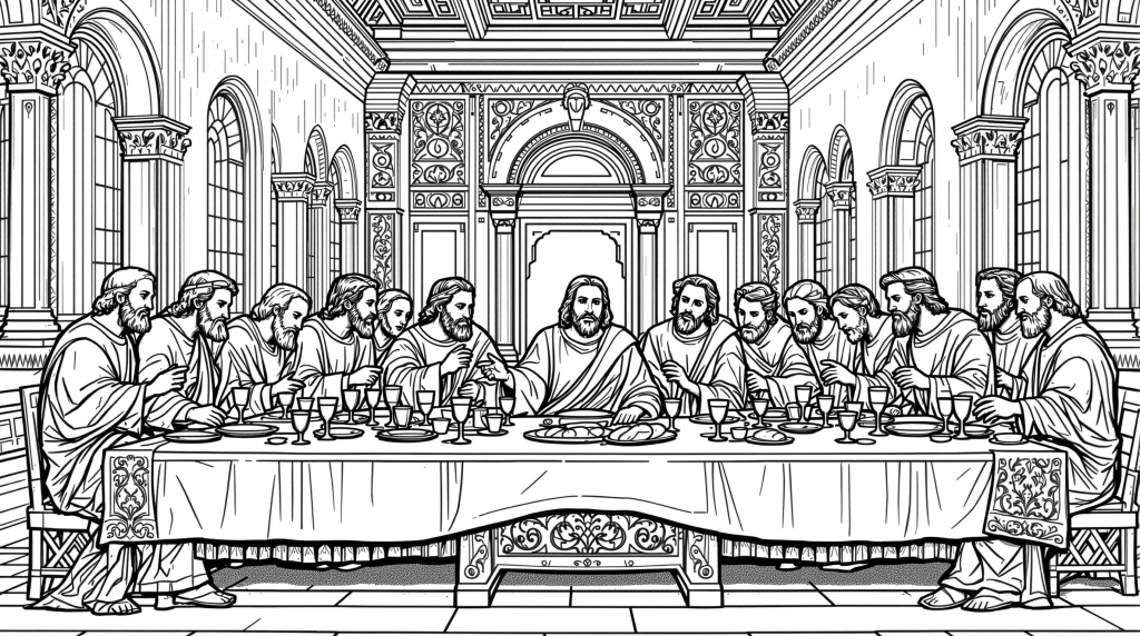 En detaljerad linjeteckning av Nattvarden med Jesus och de tolv apostlarna i en dekorativ renässansmiljö, perfekt för vuxenfärgläggning