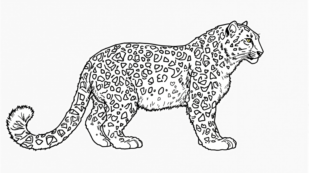 美しいユキヒョウの塗り絵 - 精巧なロゼット模様と毛並みの質感を楽しむ上級者向け大人の塗り絵