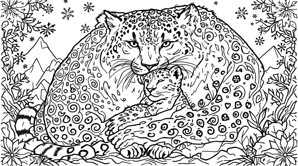 子供を運ぶユキヒョウの母親｜緻密な毛並みと山岳模様が美しい大人の塗り絵