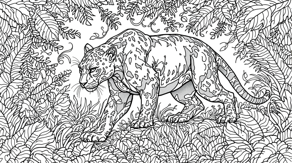 熱帯雨林を歩く力強いブラックパンサーの大人の塗り絵 - 緻密で美しいデザイン