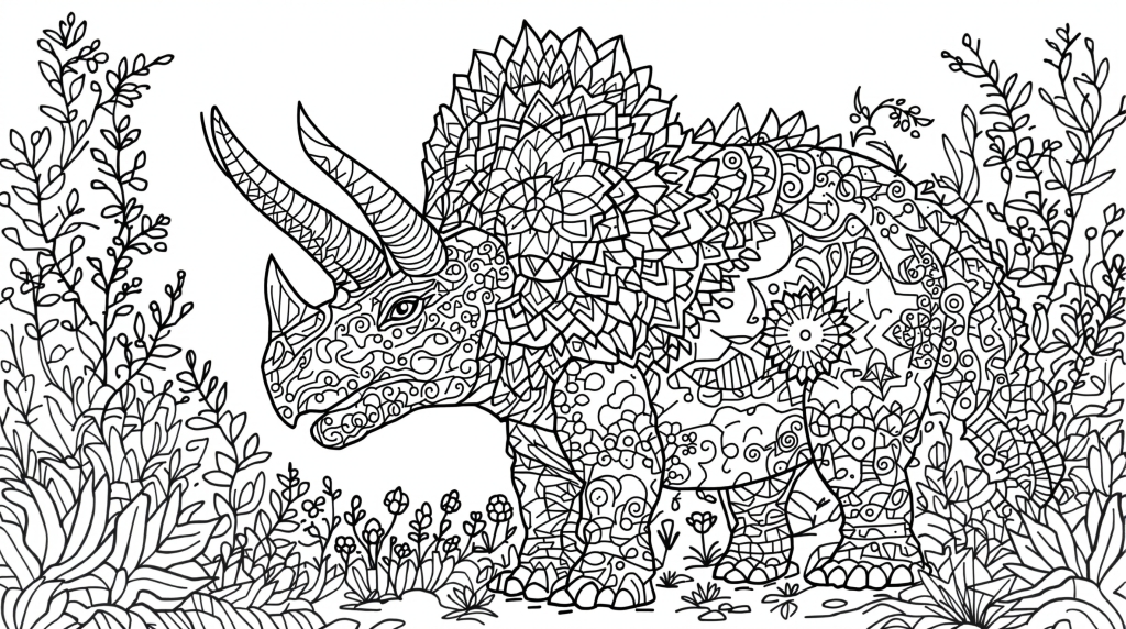 En detaljeret Triceratops farvelægningsside med keltiske knuder og mandala-mønstre til voksne