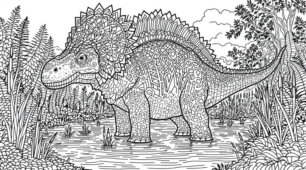 En detaljeret Parasaurolophus dinosaur-farvelægningsside med præhistorisk sumplandskab og botaniske mønstre