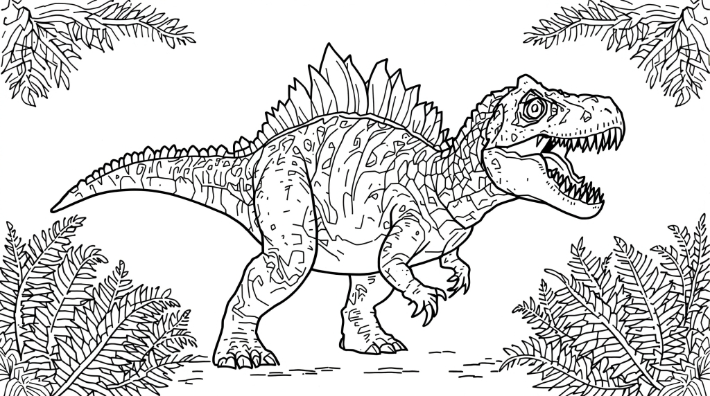 Detaljeret Allosaurus farvelægningsside viser den frygtindgydende dinosaur i jagtposition med indviklede skælmønstre og omgivende vegetation fra Mesozoikum