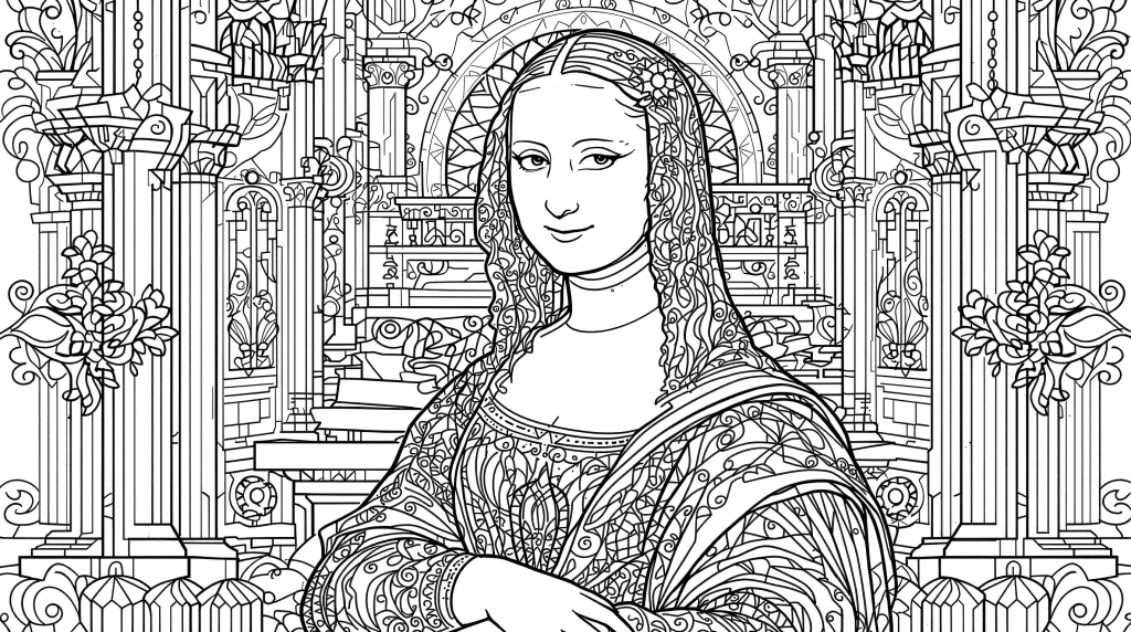 Detaljerad målarbok för vuxna med Mona Lisa i renässansstil - innehåller intrikata tidstypiska kläder och dekorativa element
