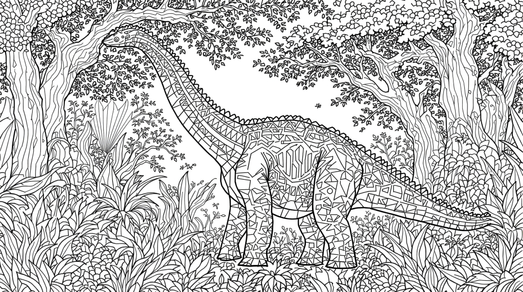 Majestætisk Brachiosaurus malebog til voksne med geometriske mønstre og detaljeret forhistorisk flora til kreativ afslapning