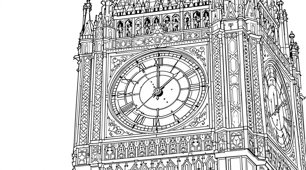 ビッグベンの大人の塗り絵 - ゴシック・リバイバル建築の精巧なデザインとビクトリア朝の装飾パターンを堪能