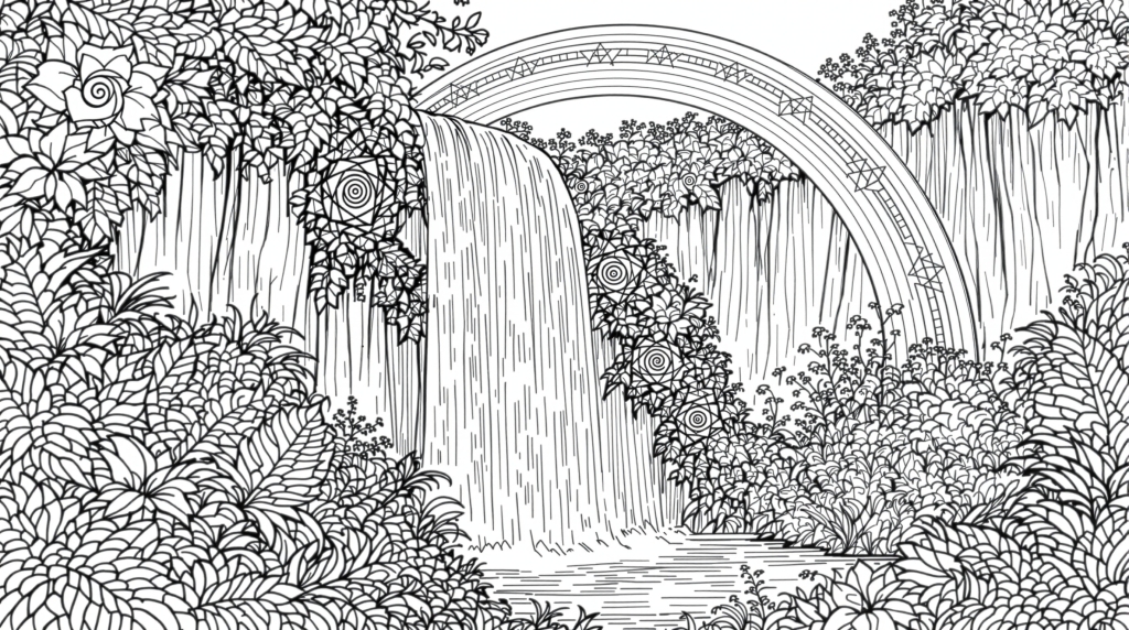 エンジェルフォールをモチーフにした滝の塗り絵 - 熱帯植物と幾何学模様が織りなす大人向け精密デザイン