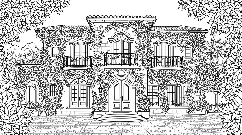 地中海の邸宅の塗り絵 - 繊細な建築デザインとブーゲンビリアの花が楽しめる大人の塗り絵