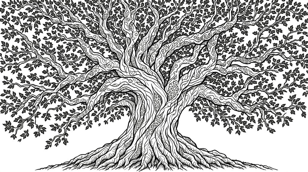 ケルト模様が美しい古代オークの木の大人の塗り絵 - 精巧な樹皮テクスチャと装飾パターン