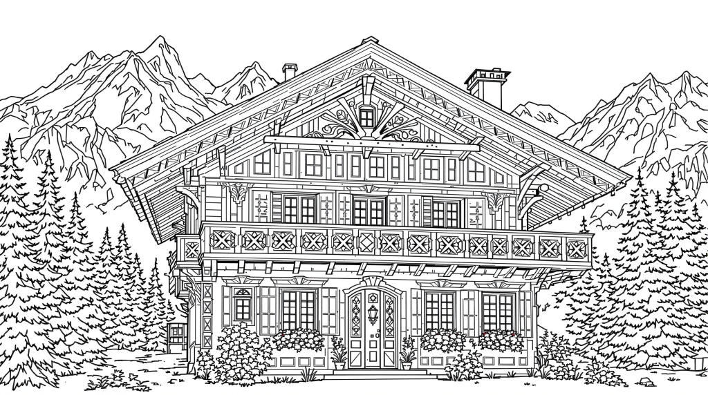 アルプスの伝統的シャレー塗り絵 - 精密な木造建築と山岳風景を楽しむ大人向けコロリアージュ