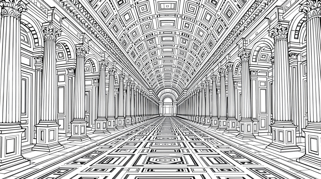 アテネの学堂の精緻な建築物を描いた大人の塗り絵 - ルネサンス様式と古典的な要素が織りなす緻密なデザイン