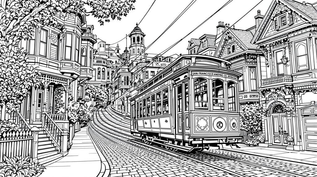 サンフランシスコのケーブルカーとビクトリア様式の家並み - 精密な大人の塗り絵