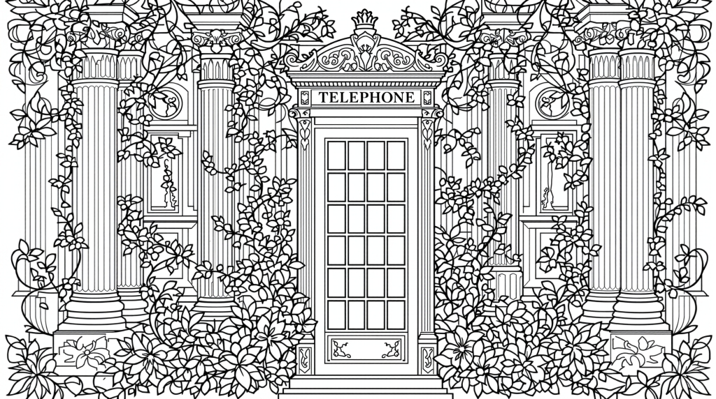 英国の電話ボックスの大人の塗り絵 - ジョージアン様式とヴィクトリアン装飾の精密デザイン