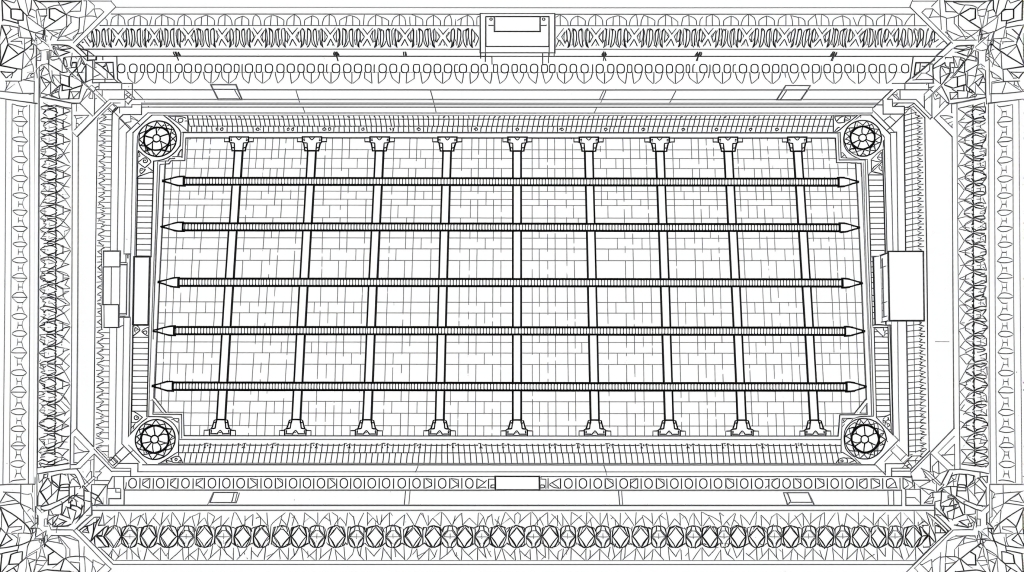 幾何学模様とレーンマーカーが美しいオリンピックプールの大人の塗り絵 - 上空からの俯瞰デザイン