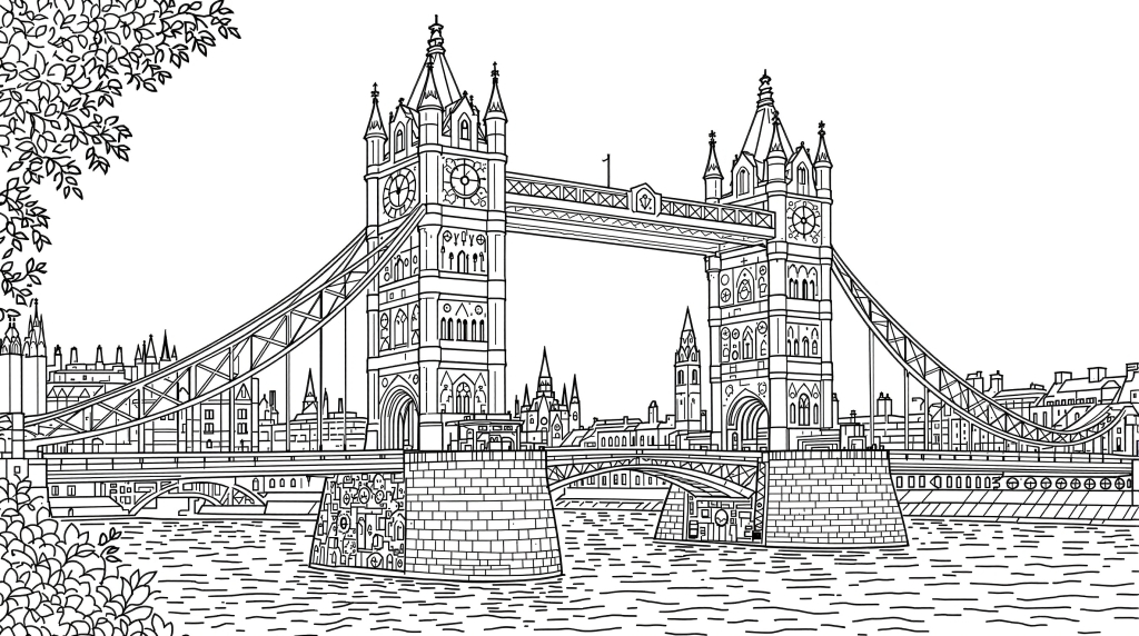 ロンドンの象徴的なヴィクトリア朝建築の傑作、タワーブリッジの精巧な塗り絵