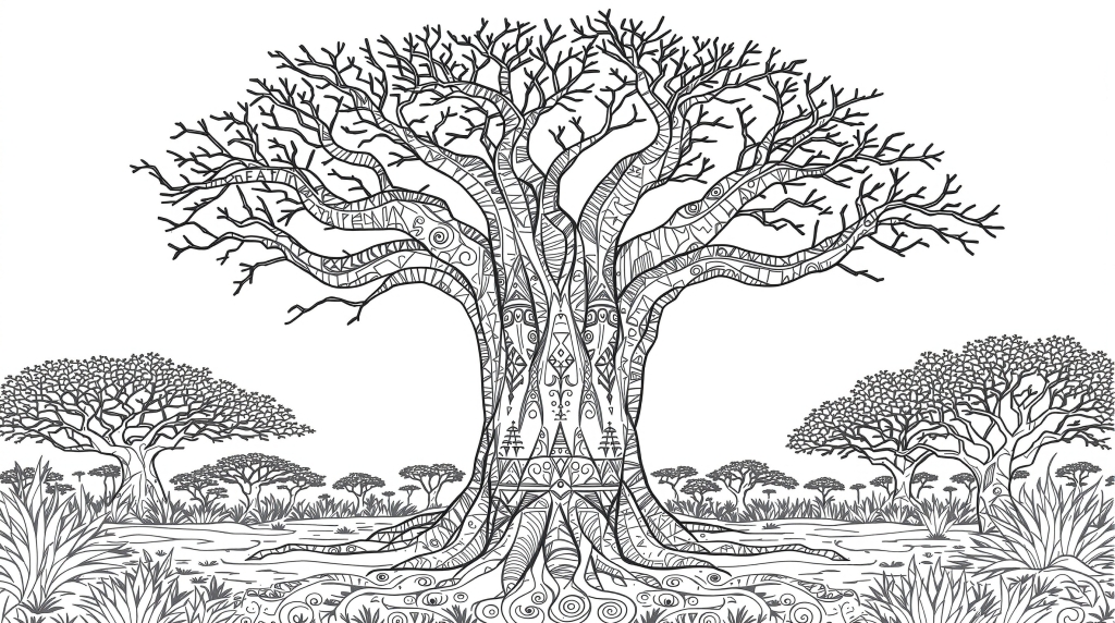 アフリカのバオバブの木の塗り絵 - 幾何学模様とアフリカ文化のモチーフが魅力的な大人向け塗り絵
