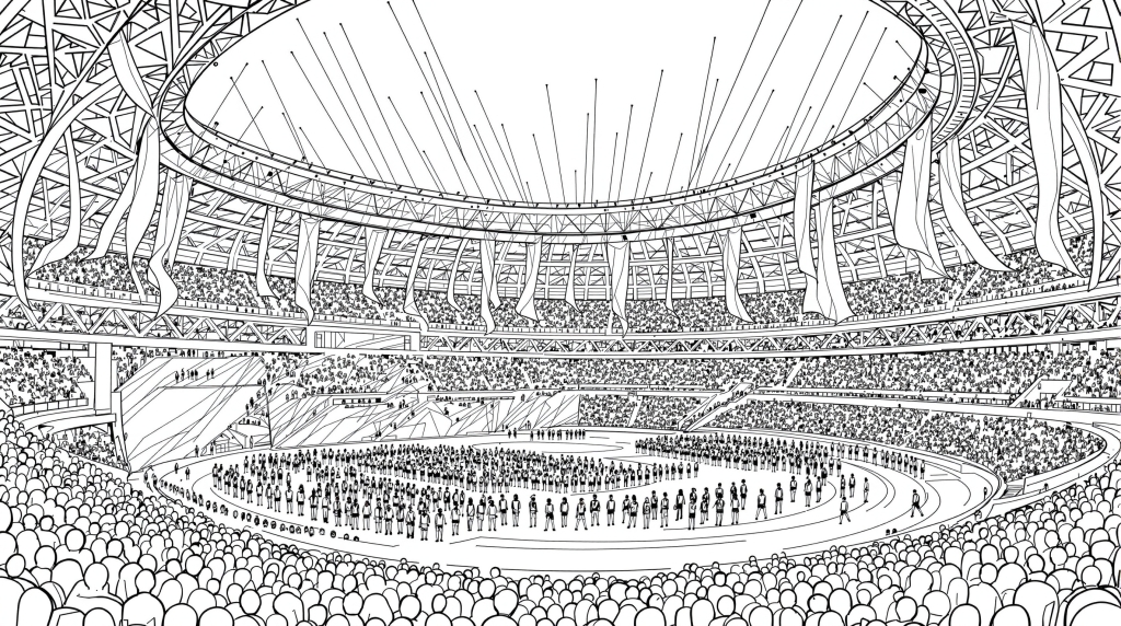 オリンピック開会式の塗り絵 - 各国選手団と国旗が行進する精密なスタジアムシーンの大人向けぬりえ