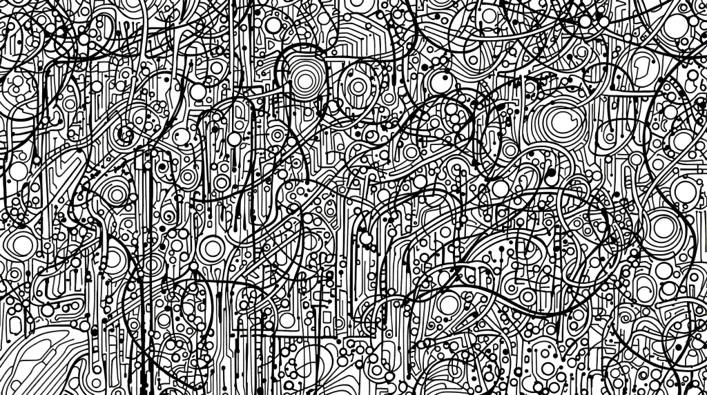 ジャクソン・ポロック風の抽象的な曲線アート - 複雑な迷路模様と流れるようなパターンが魅力の大人の塗り絵
