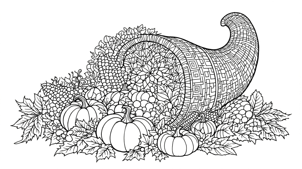 A detailed cornucopia coloring page featuring intricate harvest vegetables and autumn decorations for adult coloring enthusiasts