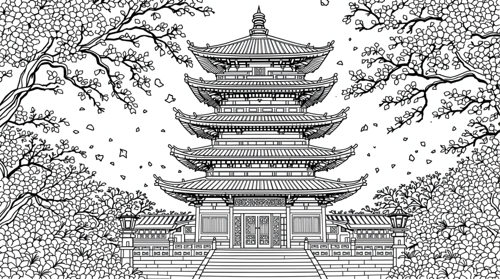 日本の五重塔と桜の塗り絵 - 精緻な建築様式と優美な花びらで楽しむ大人の塗り絵