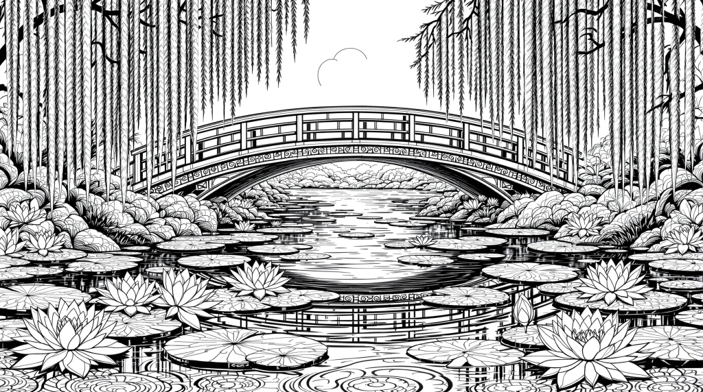 静寂な日本庭園の塗り絵 - 蓮池に架かる優美な橋と垂れ柳