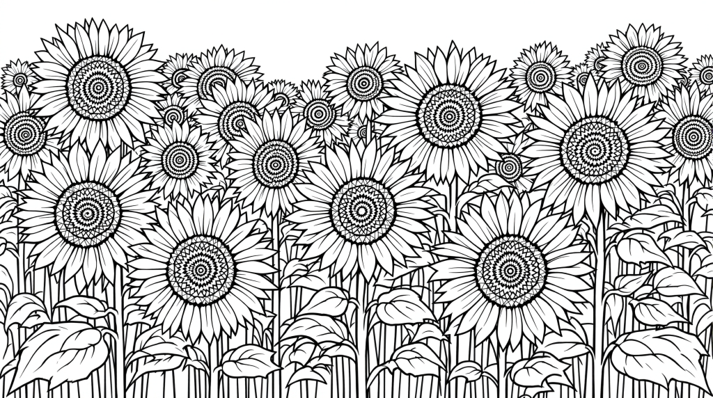 En detaljeret farveside med solsikkemark med indviklede geometriske mønstre og mandala-lignende frøarrangementer