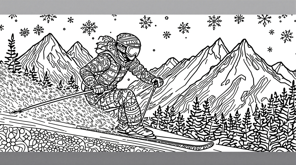 ダウンヒルスキーヤーの大人の塗り絵 - 北欧パターンと山岳風景のデザイン