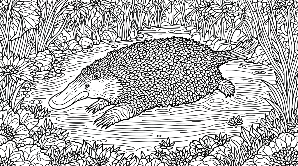 カモノハシの大人の塗り絵 - オーストラリアの川と睡蓮の精密デザイン