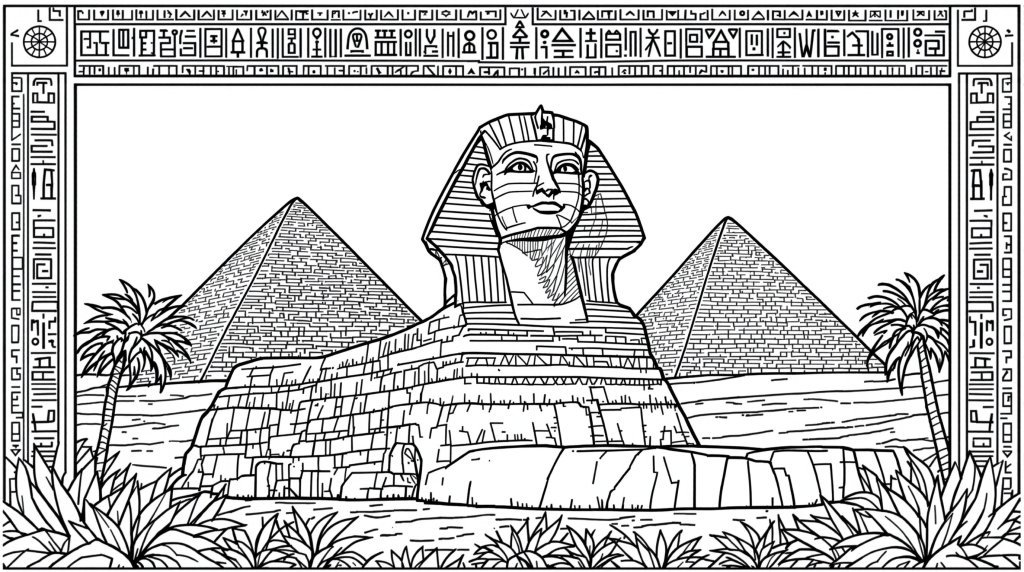 古代エジプト・ギザの大スフィンクスとピラミッド - ヒエログリフ模様の大人の塗り絵