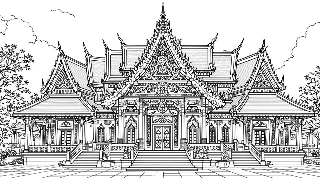 繊細なタイ寺院の塗り絵 - 伝統的な建築と華麗な装飾が特徴の上級者向けデザイン
