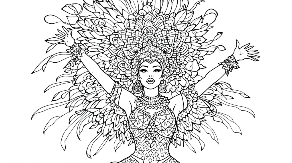 En färgglad målarbild med brasiliansk karnevaldansare i detaljerade fjäderdräkter och intrikata mönster för vuxna