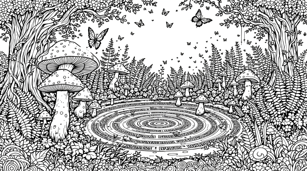 神秘的な森の妖精の輪 繊細なキノコとケルト模様の大人の塗り絵ページ