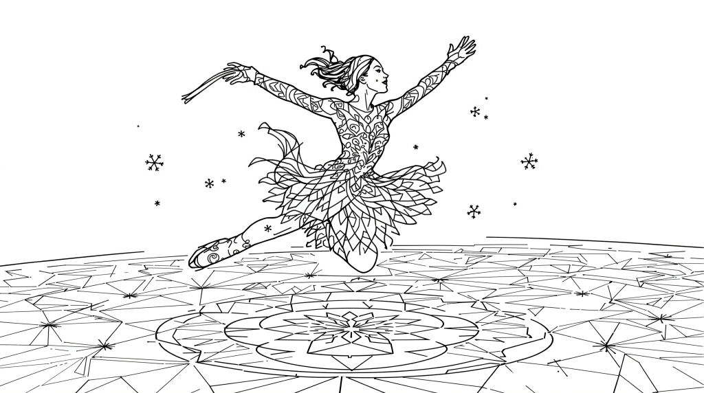 フィギュアスケート選手の塗り絵 - マンダラ模様と雪の結晶デザインの大人向け高難度ぬりえ