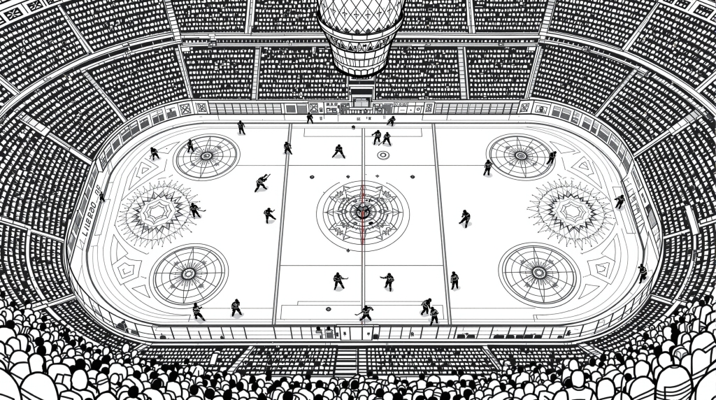 アイスホッケーの試合を俯瞰で描いた大人の塗り絵 - 選手や幾何学模様が緻密に描かれた上空視点のリンク
