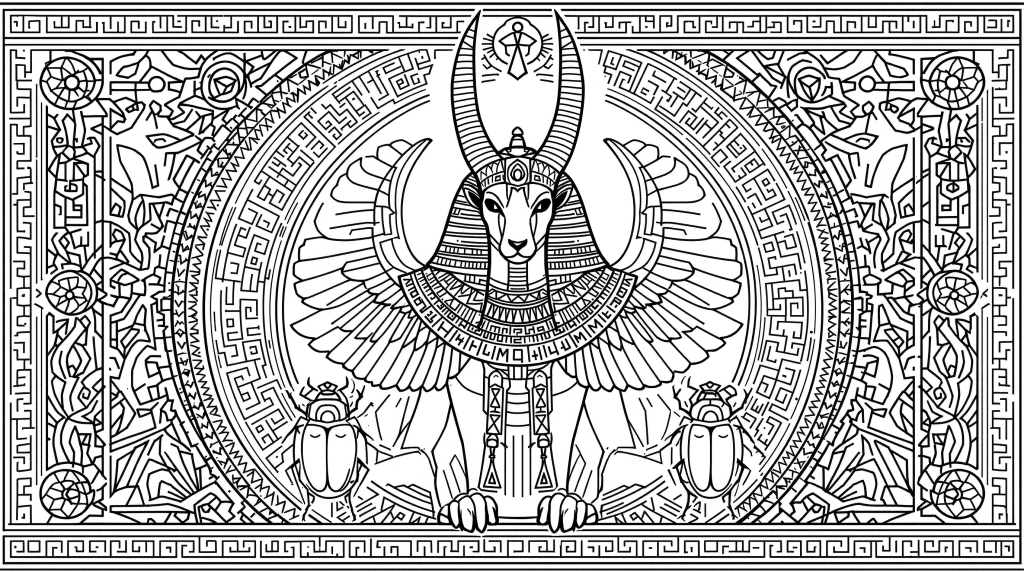 神聖なスカラベと古代エジプト文様が美しいアヌビス神の大人の塗り絵 - 繊細な白黒線画