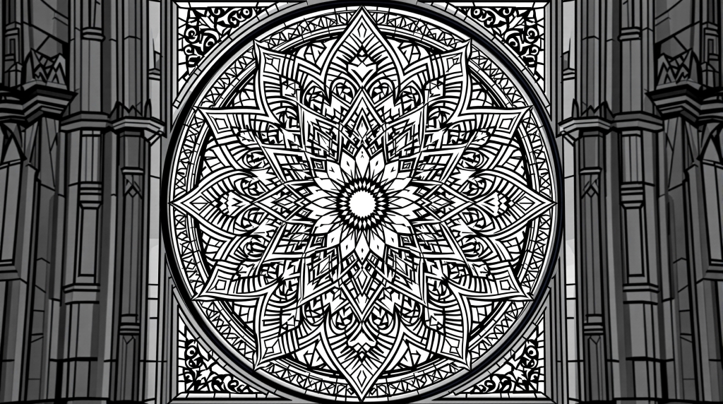 En detaljrik gotisk rosettfönster-målarbild med intrikata mönster och geometriska former för avkopplande vuxenfärgläggning