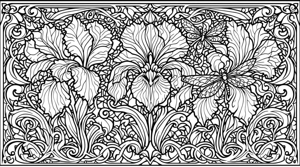 En elegant målarbild i Art Nouveau och Tiffany-stil med graciösa iris-blommor och detaljrika trollsländor i ett intrikat mönster