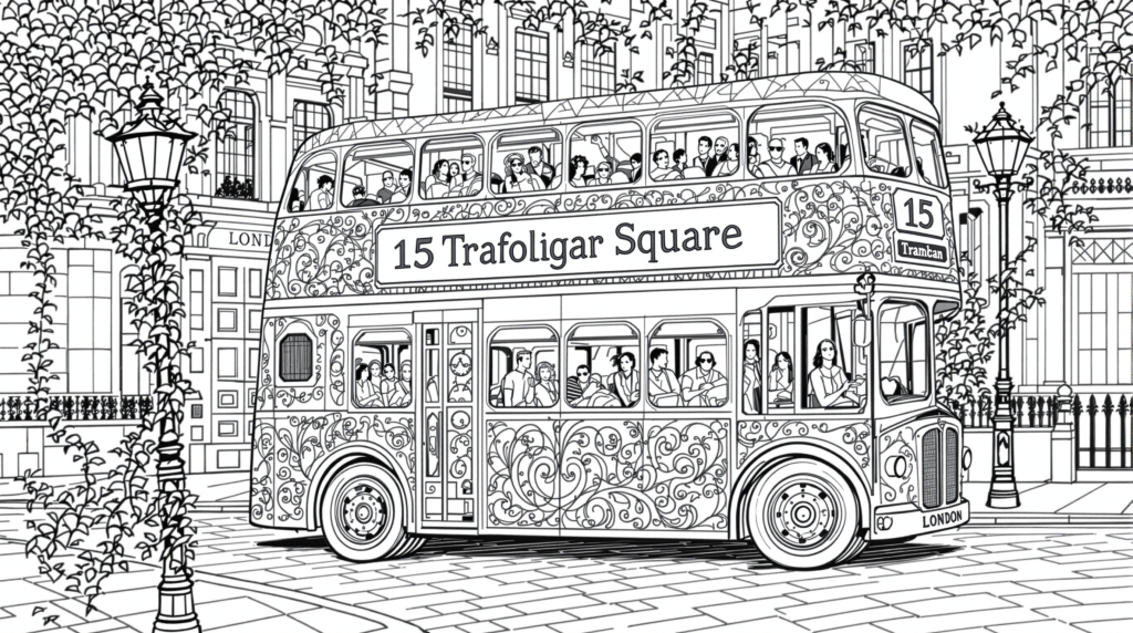 ビクトリア様式の装飾が施されたロンドン2階建てバスの大人の塗り絵