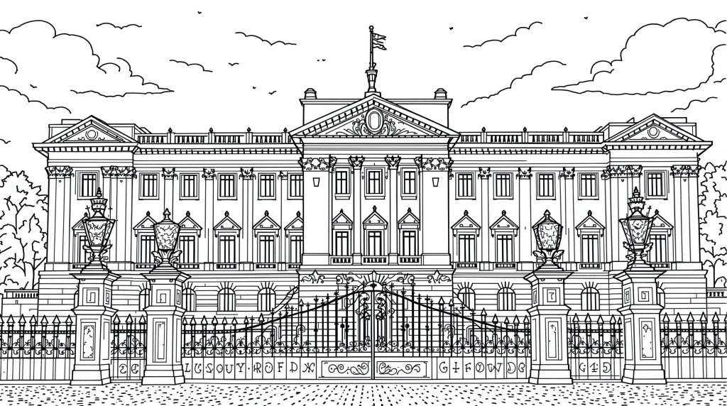 バッキンガム宮殿の塗り絵 - 衛兵と精巧な建築様式を描いた大人向けぬりえ