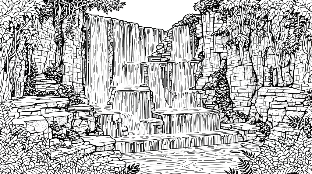 緻密な岩肌と繊細な自然描写が美しい多段滝の大人の塗り絵